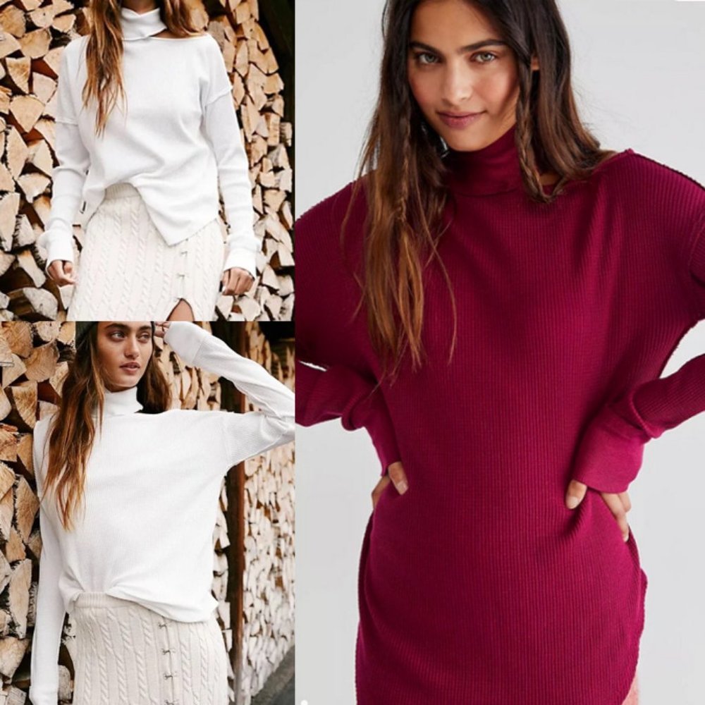 NEW Free People Just For You Cutout Shoulder Mock Neck Thermal Top Wine $98 S - Picture 10 of 11